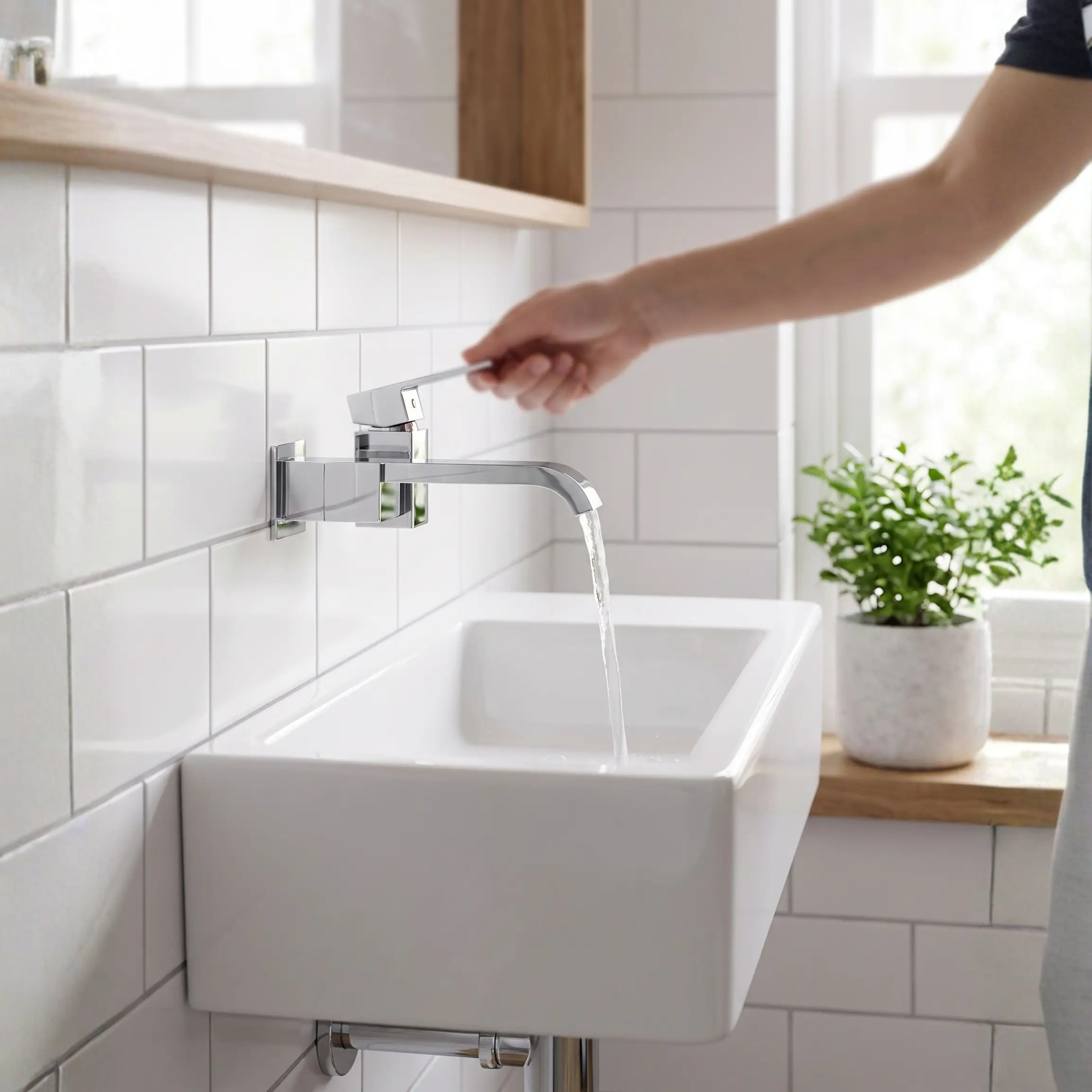 Wall Mounted Bathroom Faucet, Brass Low Arc Swivel Tap with Dual Lever Handles-Ridorn