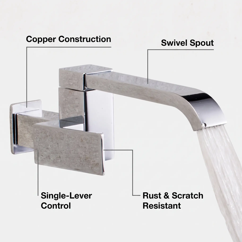 Wall Mounted Bathroom Faucet, Brass Low Arc Swivel Tap with Dual Lever Handles-Ridorn