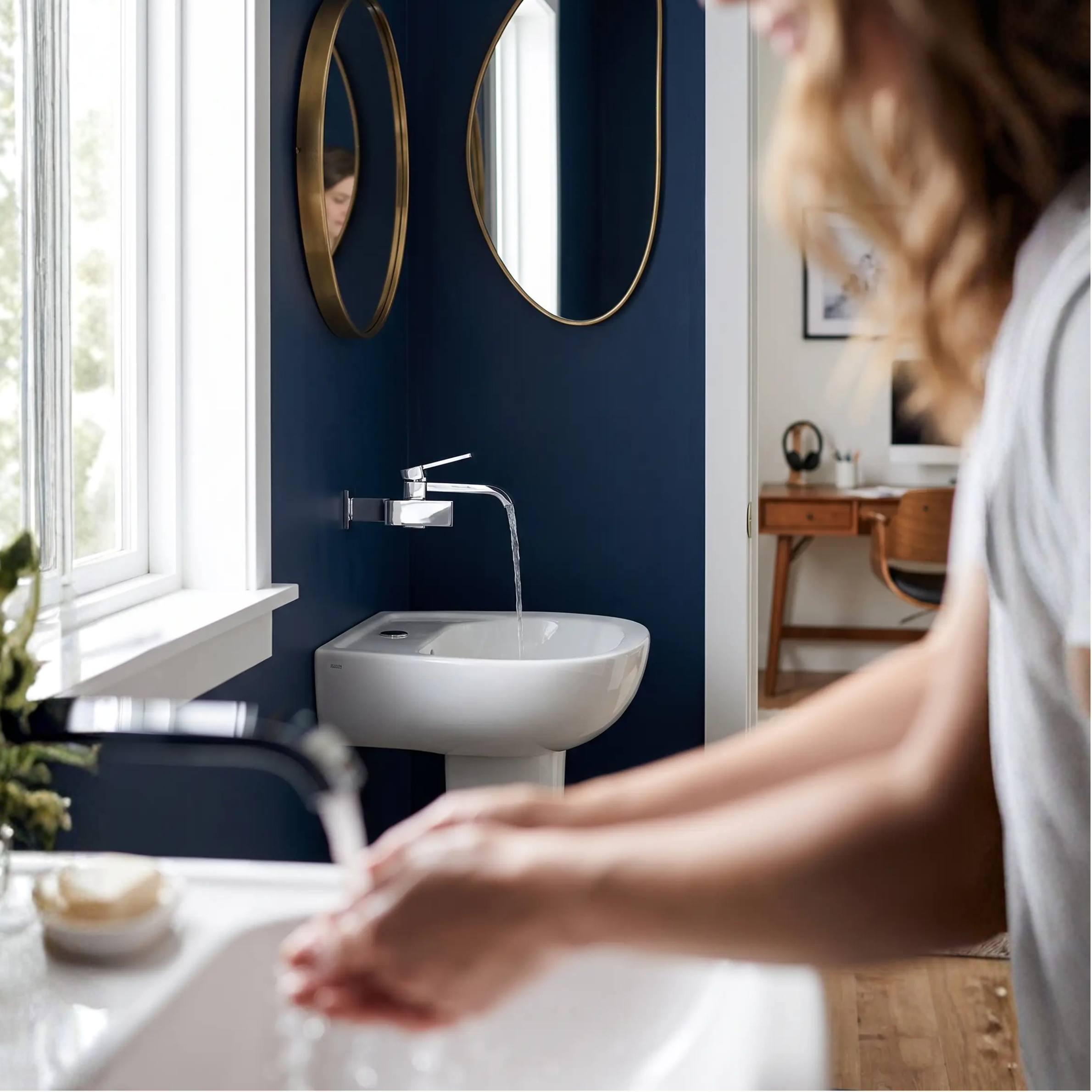 Wall Mounted Bathroom Faucet, Brass Low Arc Swivel Tap with Dual Lever Handles-Ridorn