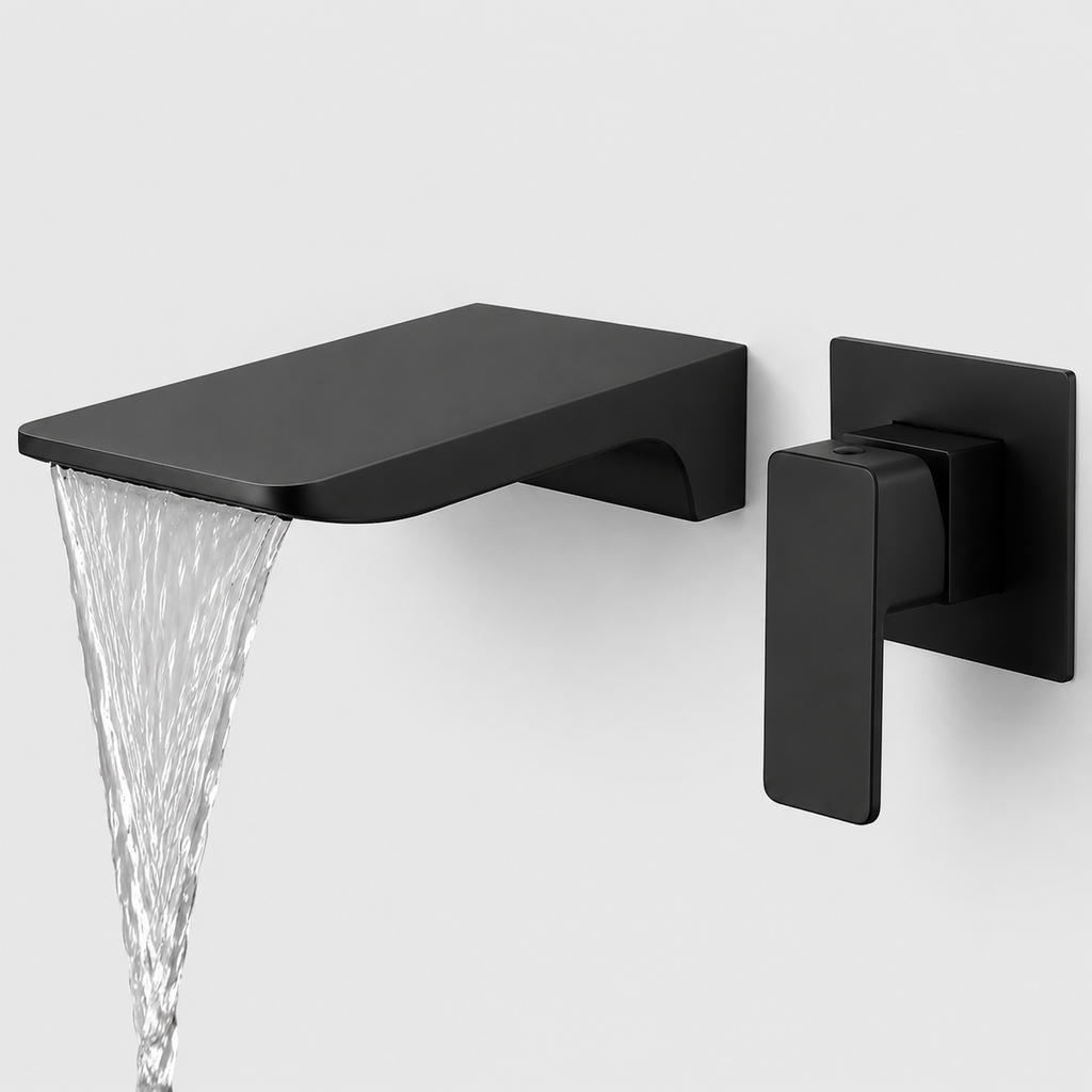 Wall Mounted Waterfall Faucet, Black Copper Concealed Basin Mixer Tap, Hot & Cold