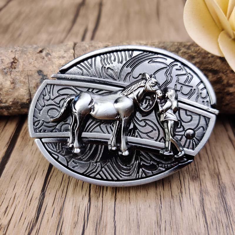 Western Belt Buckle, Oval Metal Cowboy Buckle with Decorative Vintage Design-Ridorn