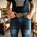 Western Belt Buckle, Oval Metal Cowboy Buckle with Decorative Vintage Design-Ridorn