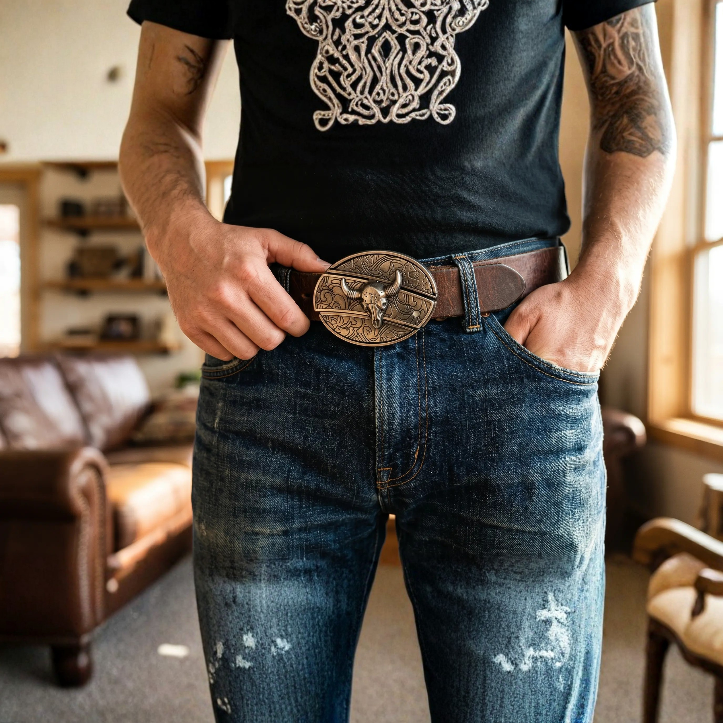 Western Belt Buckle, Oval Metal Cowboy Buckle with Decorative Vintage Design-Ridorn