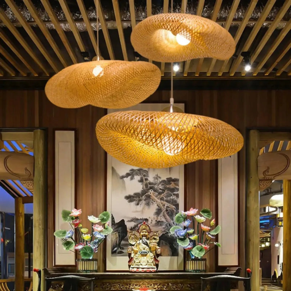 Woven bamboo pendant light front view
